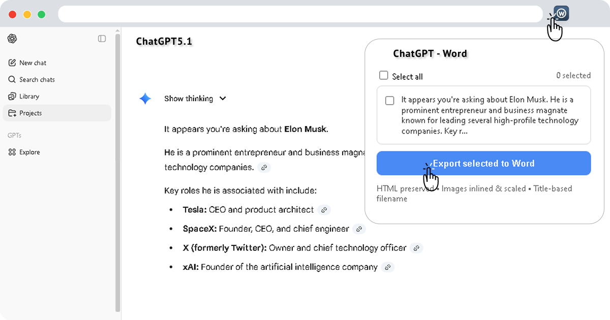 ChatGPT to Word extension interface showing export to Word documents with formatting options